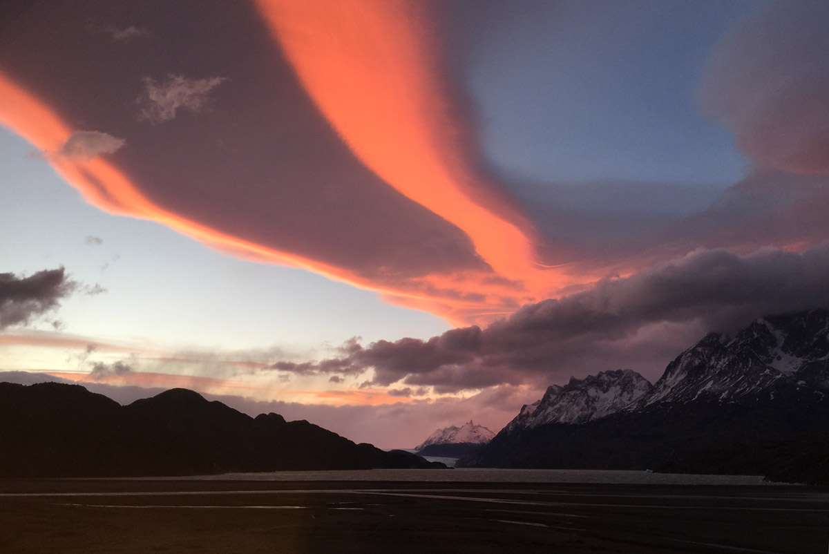 Pink clouds in the morning light at Torres del Paine National Park, Chile