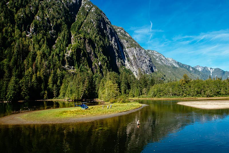 Helicopter at a remote fishing spot in British Columbia's wilderness, Canada