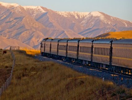 Golden Eagle Shangri-La Express luxury train traveling along the Silk Road