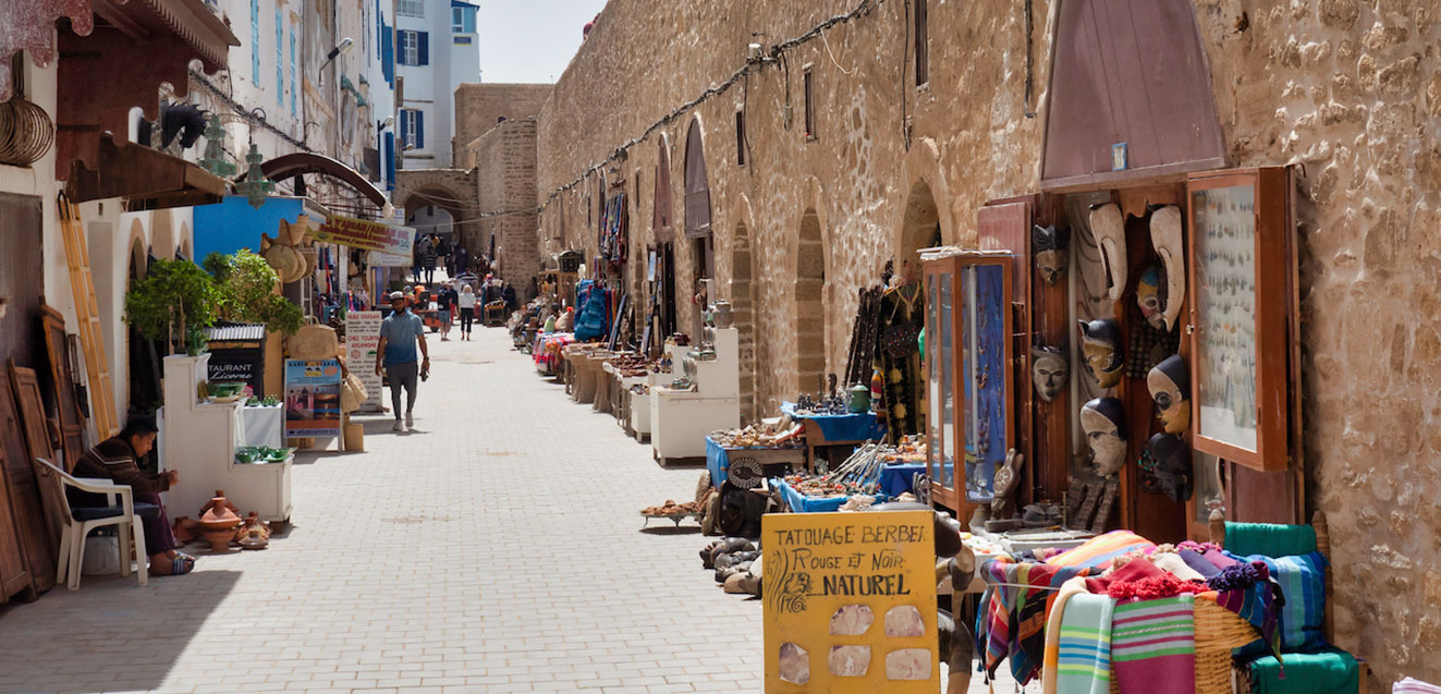 Alleyway with shops in Essaouira, Morocco.