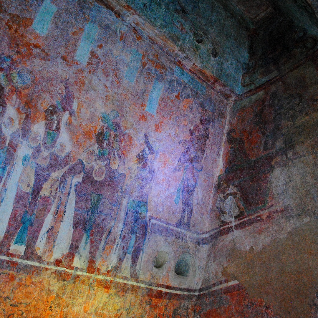 Maya murals in Room 1 of Bonampak in Chiapas, Mexico