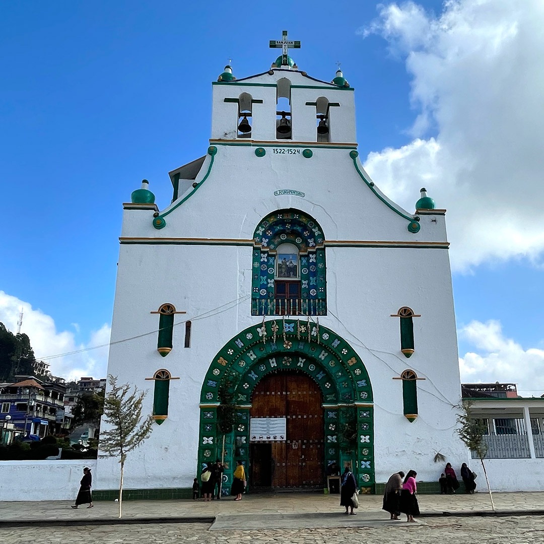 The facade of the cathedral in San Juan Chamula, Mexico
