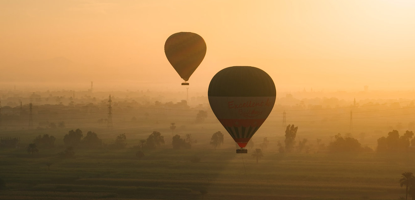 Hot air balloons at sunrise over Luxor, Egypt