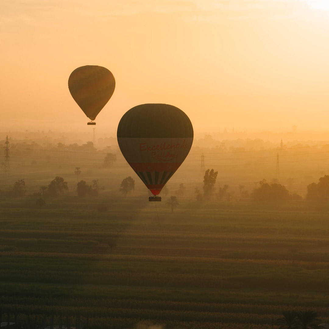 Hot air balloons at sunrise over Luxor, Egypt