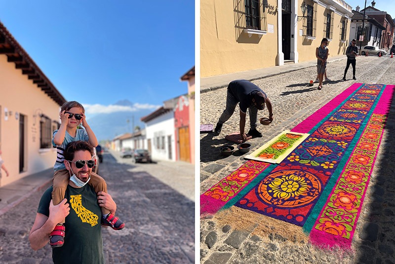 Cobblestone streets and sawdust carpet in Antigua, Guatemala