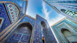 Stunning blue-tiled architecture along the Silk Road, a highlight of Central Asia travel.