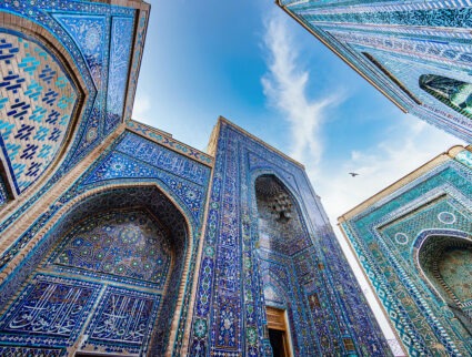 Stunning blue-tiled architecture along the Silk Road, a highlight of Central Asia travel.