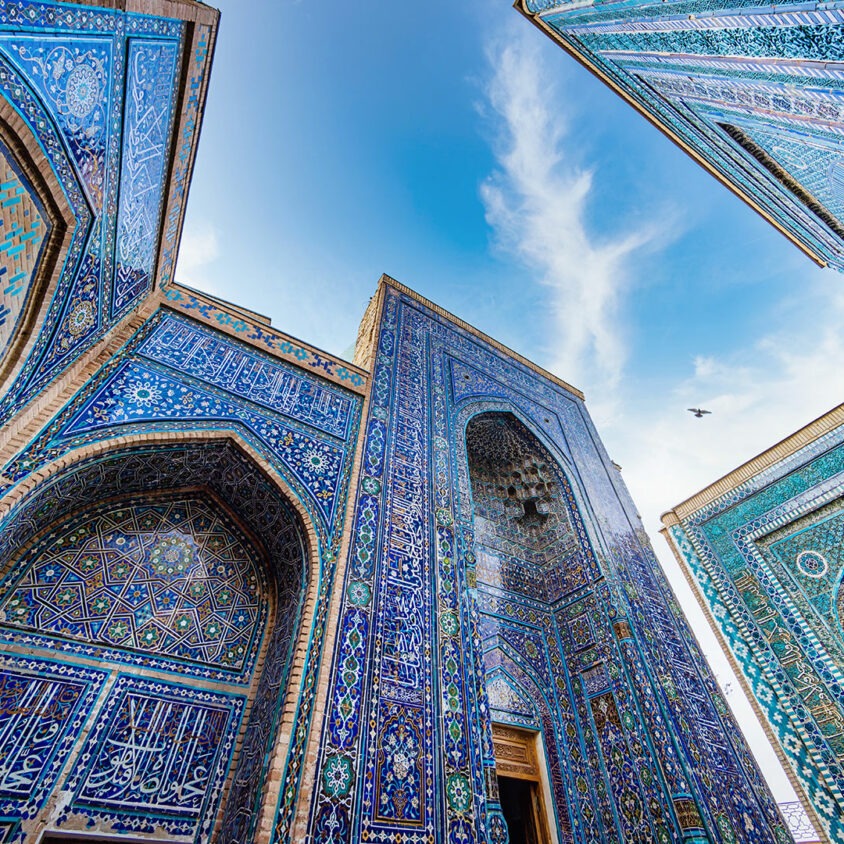 Stunning blue-tiled architecture along the Silk Road, a highlight of Central Asia travel.